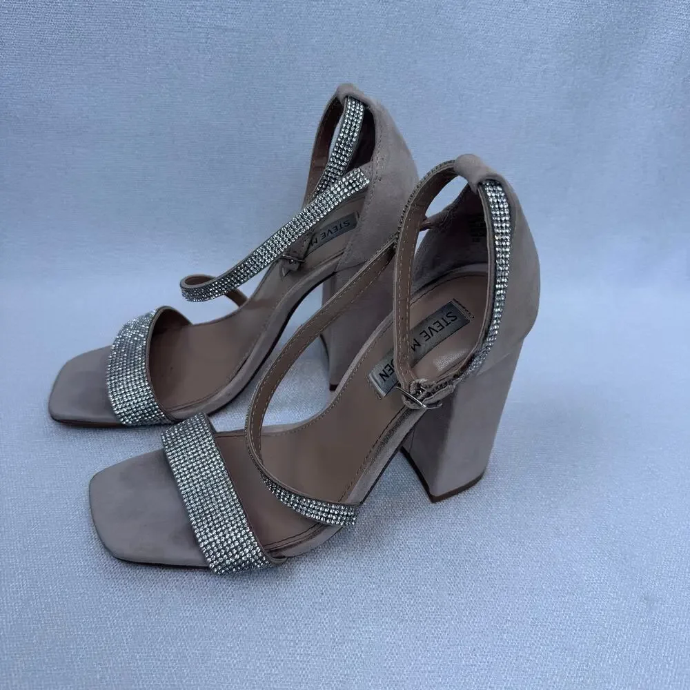 Steve Madden Tia Rhinestone Silver Block Heel Leather Textile Upper WMS Size 7M